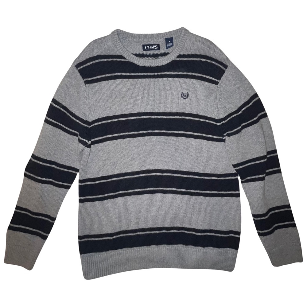 Chaps Knit Sweater Gray with Blue Stripes M